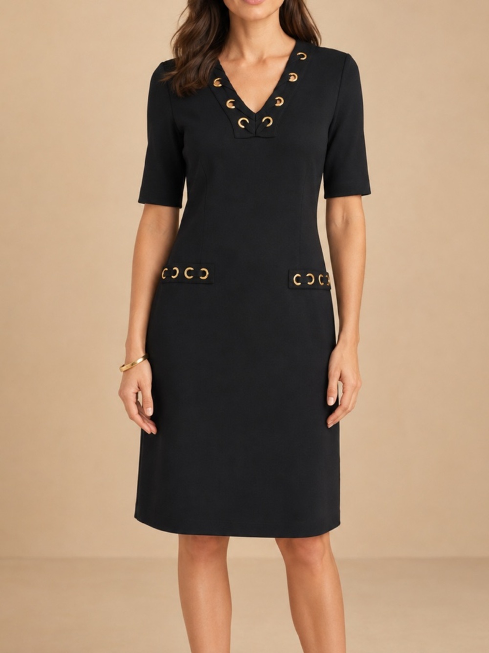 Ming Wang NWT Black Knit Gold Grommet V-Neck Dress Small